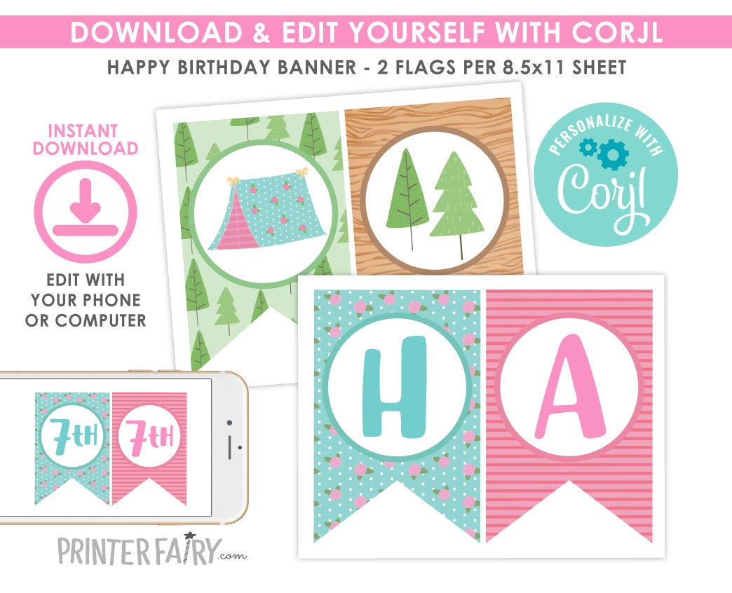 Camping Birthday Banner, Editable Happy Camper Decorations (Digital Download)