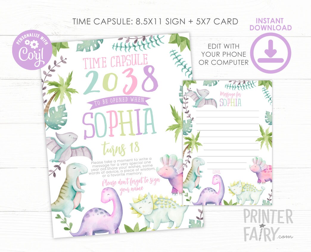 Dinosaur Birthday Time Capsule Sign, EDITABLE (Digital Download)