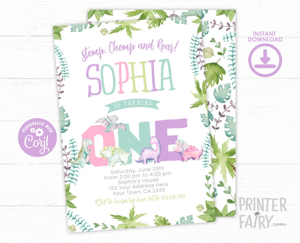 Girl Dinosaur 1st Birthday Invitation, EDITABLE (Instant Download)