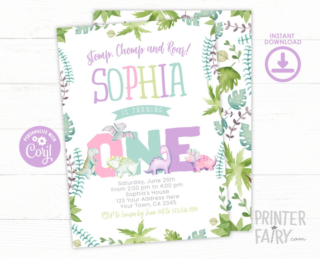 Girl Dinosaur 1st Birthday Invitation, EDITABLE (Instant Download)