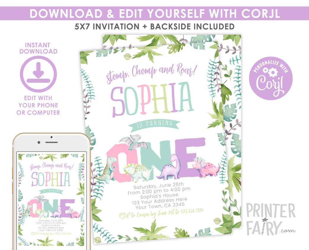 Girl Dinosaur 1st Birthday Invitation, EDITABLE (Instant Download)