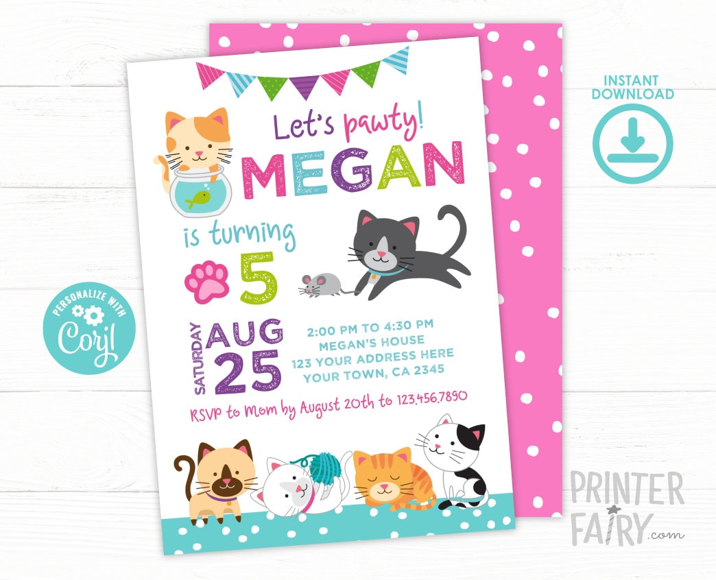 Editable Kitty Cat Birthday Invitation, Pawty (Instant Download)