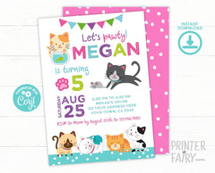 Editable Kitty Cat Birthday Invitation, Pawty (Instant Download)