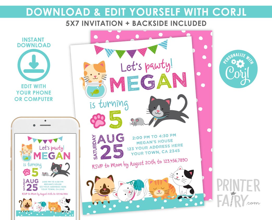 Editable Kitty Cat Birthday Invitation, Pawty (Instant Download)