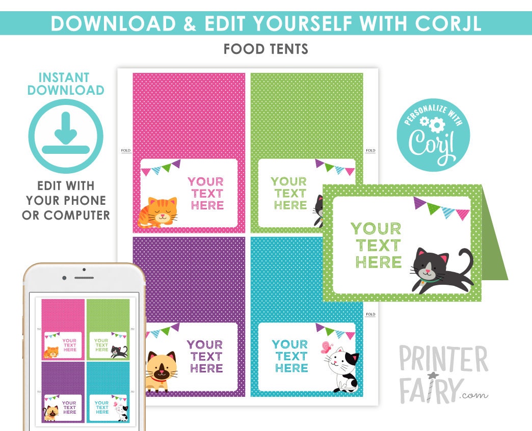 Kitty Cat Food Tents EDITABLE Template Instant Download