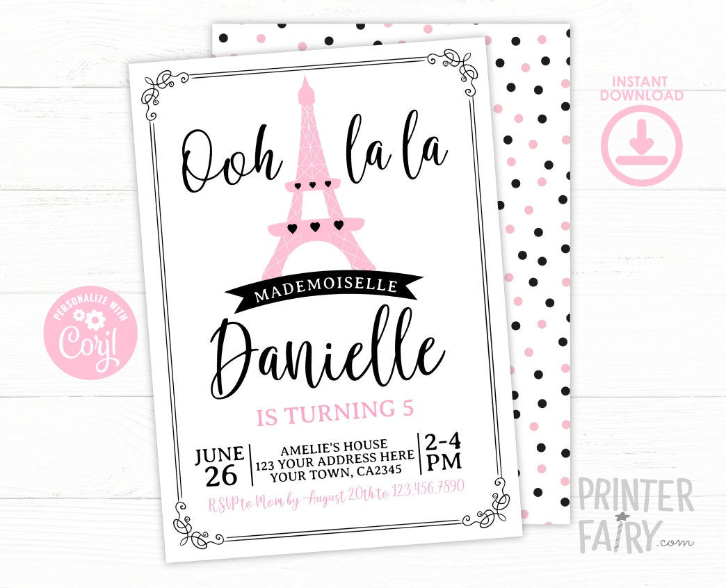 Paris Birthday Party Theme Invitation Template, Instant Download
