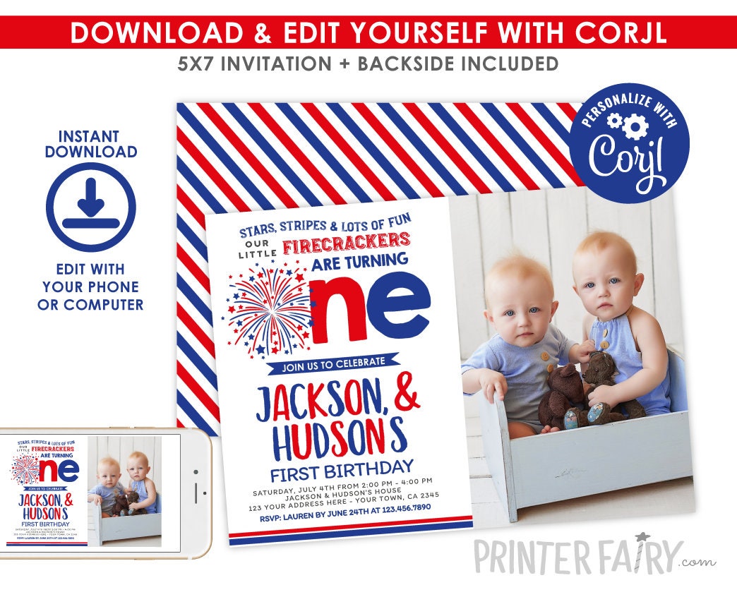 Twins First Birthday Invitation, 4th of July, Editable (INSTANT DOWNLOAD)