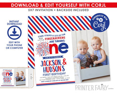 Twins First Birthday Invitation, 4th of July, Editable (INSTANT DOWNLOAD)