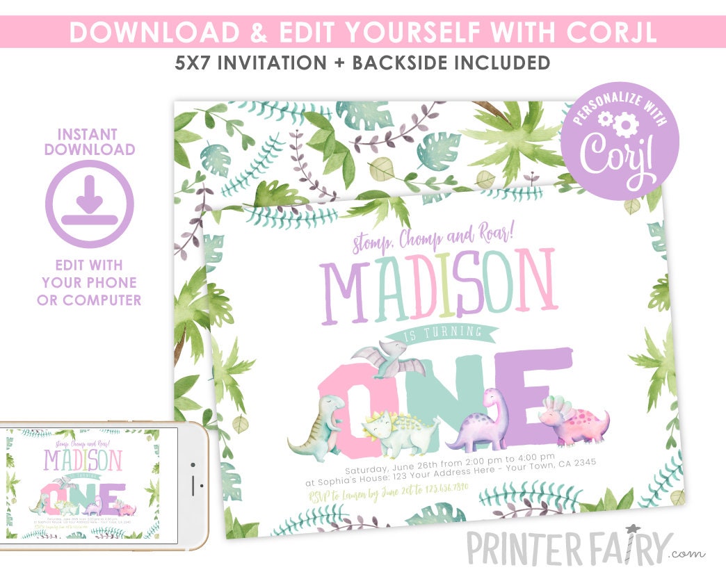 Dinosaur Girl First Birthday Invitation, Stomp Chomp Roar (INSTANT DOWNLOAD)