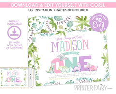 Dinosaur Girl First Birthday Invitation, Stomp Chomp Roar (INSTANT DOWNLOAD)