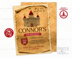 Knight Castle Birthday Invitation Editable Template, Instant Download