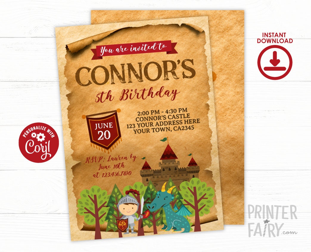 Knight Birthday Party Editable Invitation Template, Instant Download