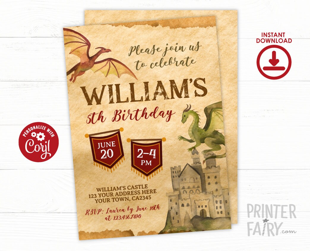 Dragon Birthday Party Theme Invitation Editable Template, Digital, Instant Download