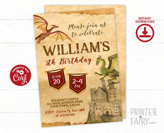 Dragon Birthday Party Theme Invitation Editable Template, Digital, Instant Download