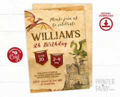 Dragon Birthday Party Theme Invitation Editable Template, Digital, Instant Download