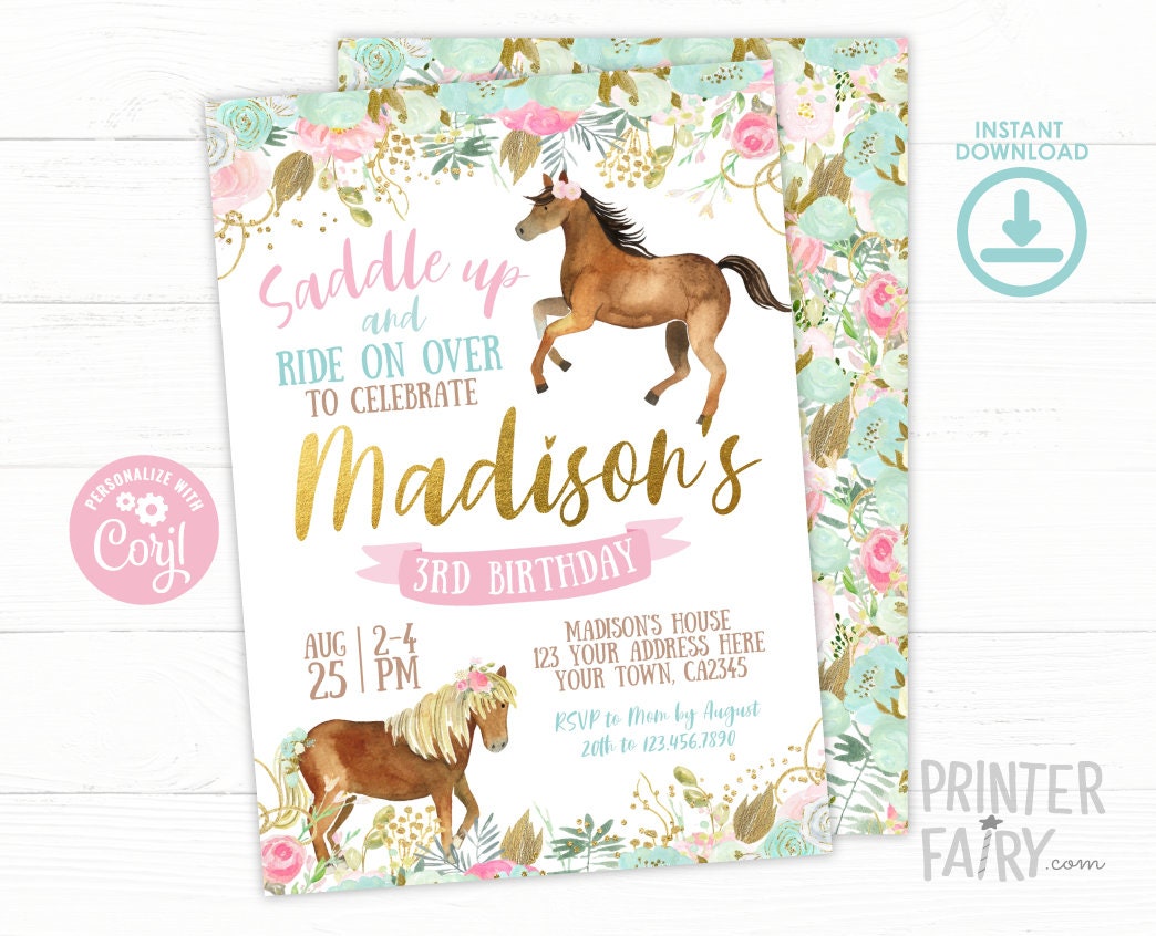 Floral Horse Birthday Invitation, Girl Cowgirl Party (INSTANT DOWNLOAD)