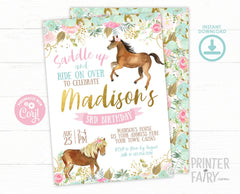 Floral Horse Birthday Invitation, Girl Cowgirl Party (INSTANT DOWNLOAD)