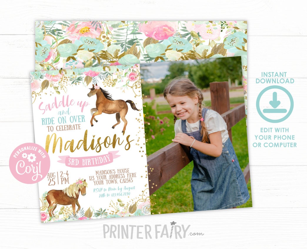 Floral Horse Birthday Invitation, Photo Girl, Cowgirl Party (INSTANT DOWNLOAD)