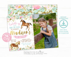 Floral Horse Birthday Invitation, Photo Girl, Cowgirl Party (INSTANT DOWNLOAD)