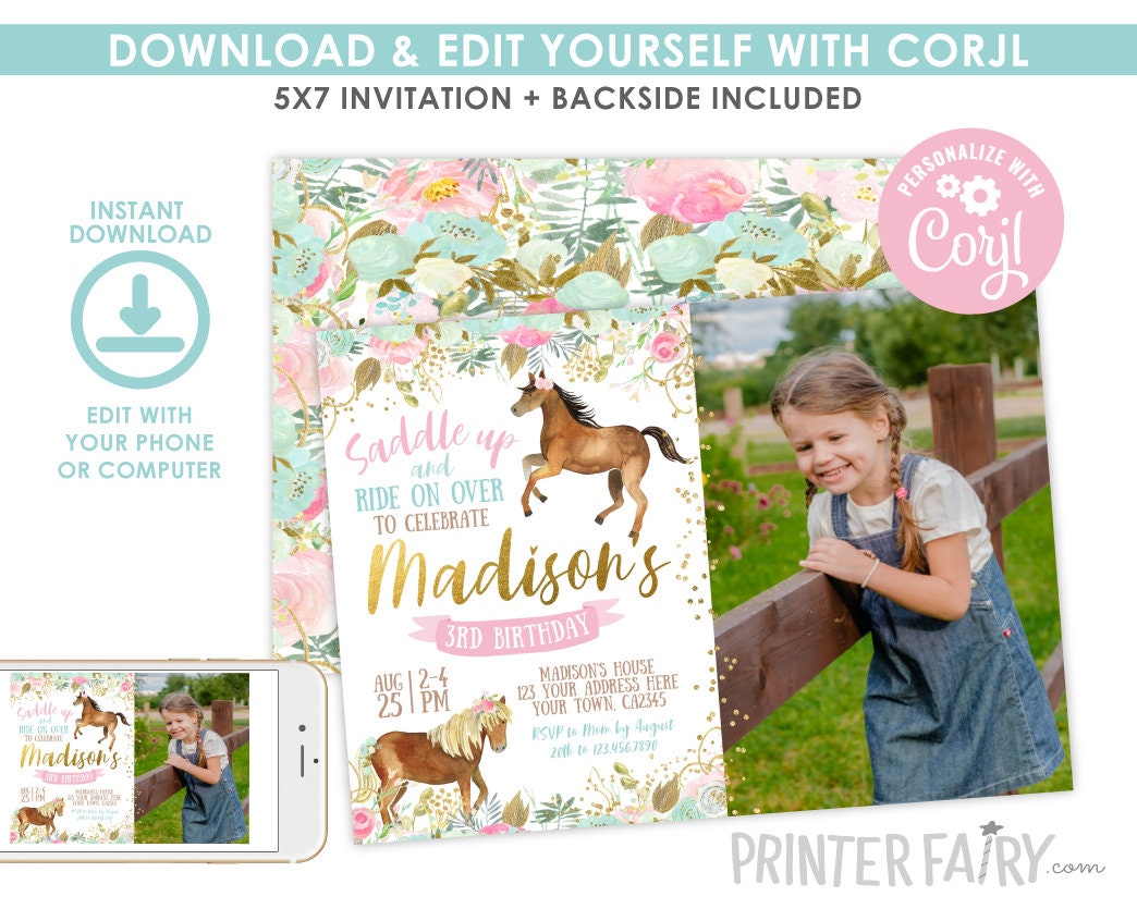 Floral Horse Birthday Invitation, Photo Girl, Cowgirl Party (INSTANT DOWNLOAD)