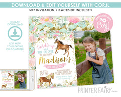 Floral Horse Birthday Invitation, Photo Girl, Cowgirl Party (INSTANT DOWNLOAD)