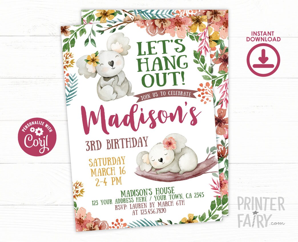 Koala Birthday Invitation EDITABLE Template, INSTANT DOWNLOAD