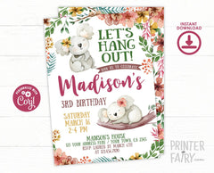 Koala Birthday Invitation EDITABLE Template, INSTANT DOWNLOAD