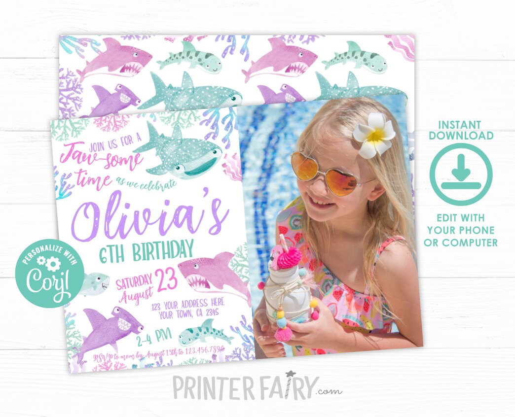 Shark Girl Birthday Invitation, Under The Sea, Photo Editable (Digital Download)