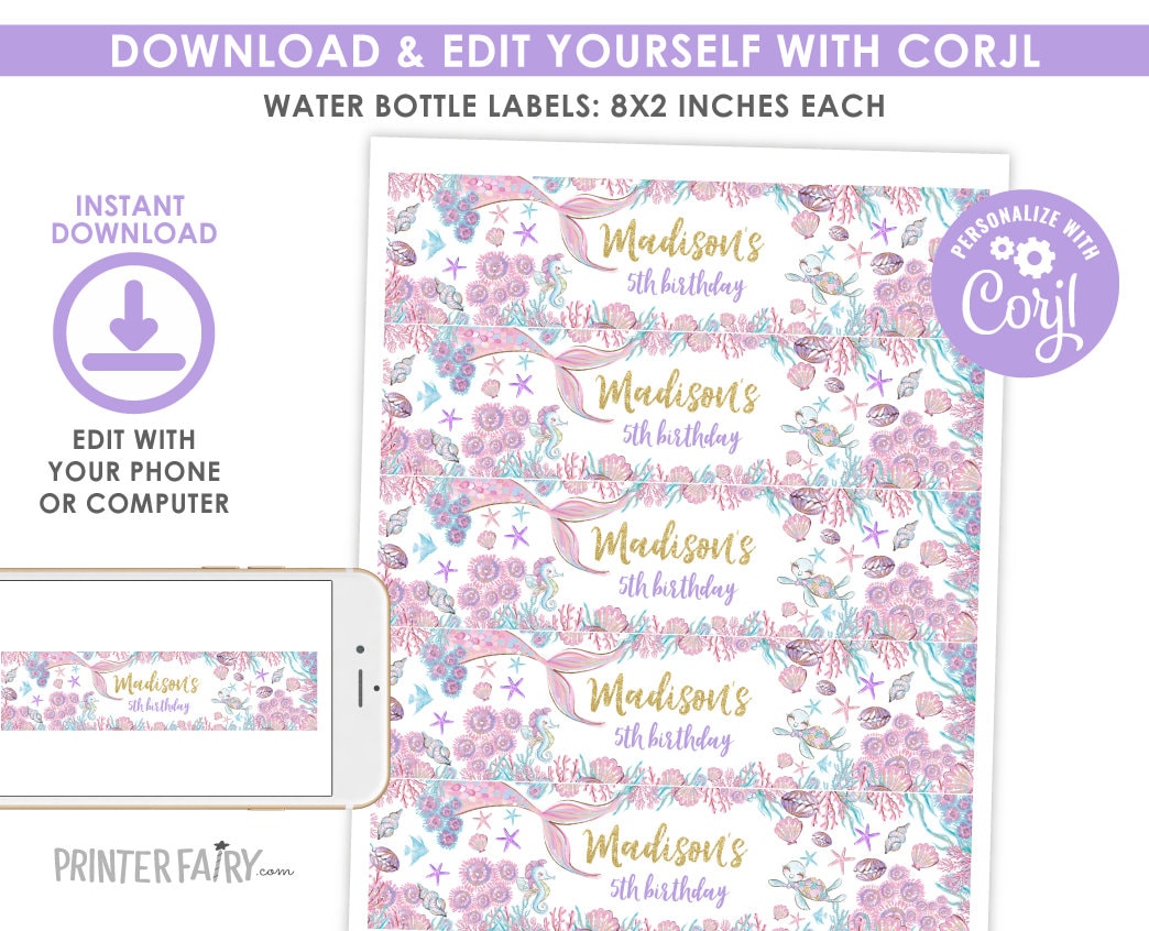 Editable Mermaid Birthday Party Water Bottle Labels (Instant Download)