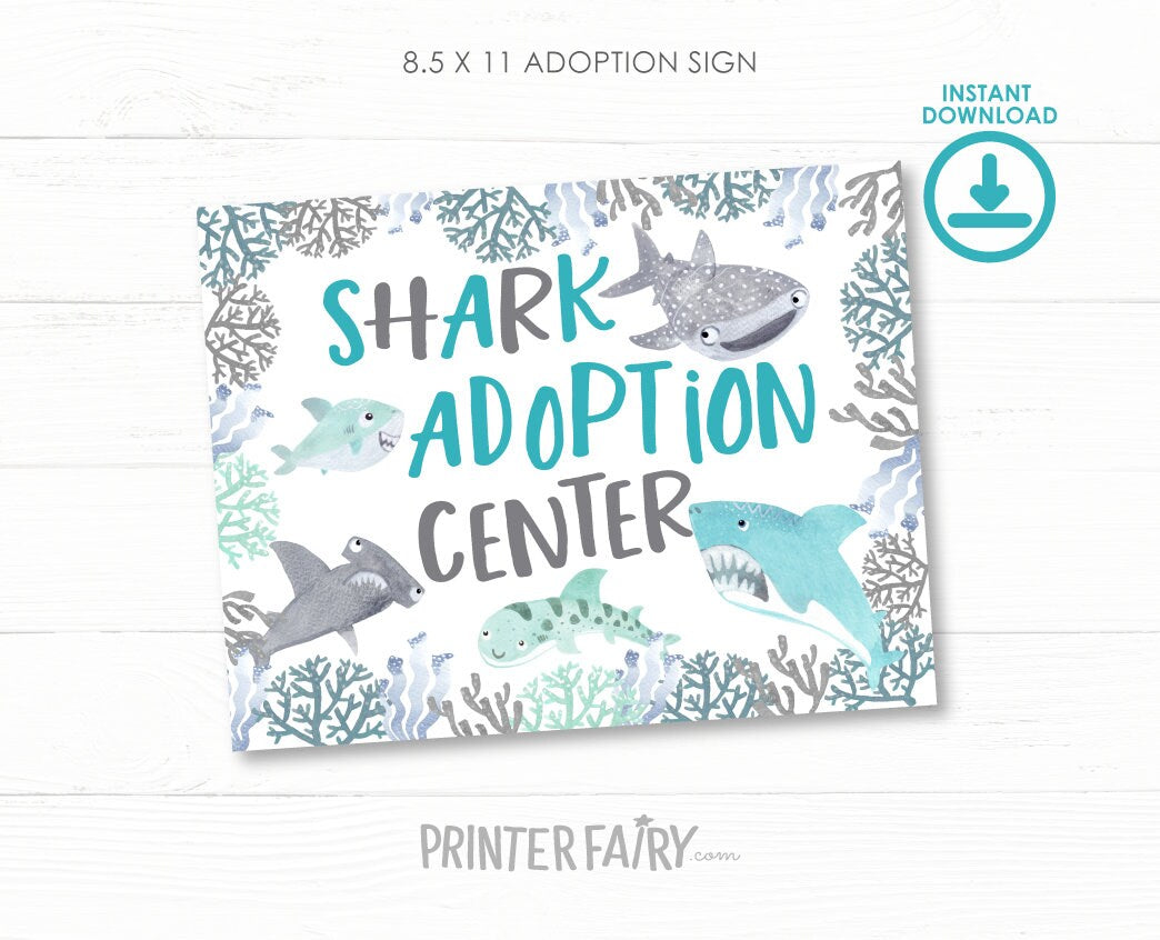 Shark Adoption Center Sign and Certificates, Birthday Party Printables (Instant Download)