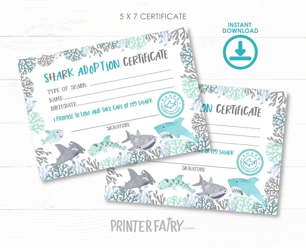 Shark Adoption Center Sign and Certificates, Birthday Party Printables (Instant Download)