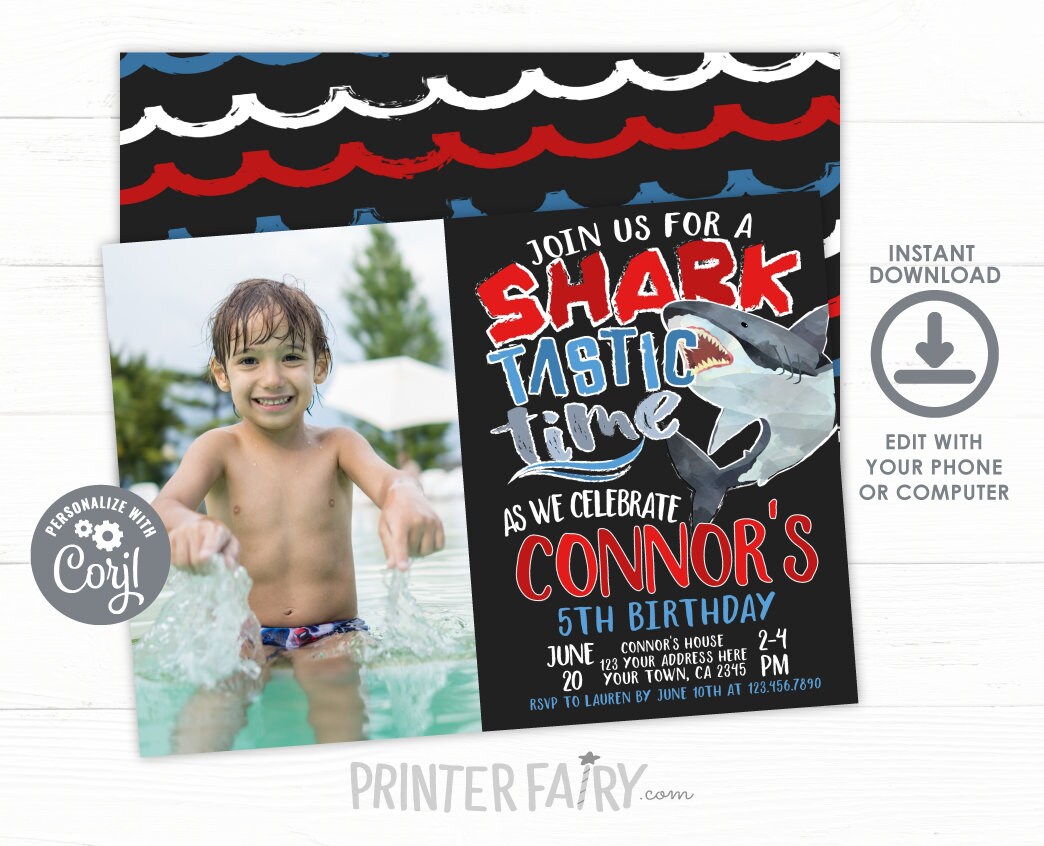 Shark Birthday Invitation with Photo Editable Template (Digital Instant Download)