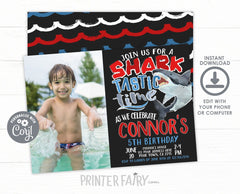 Shark Birthday Invitation with Photo Editable Template (Digital Instant Download)