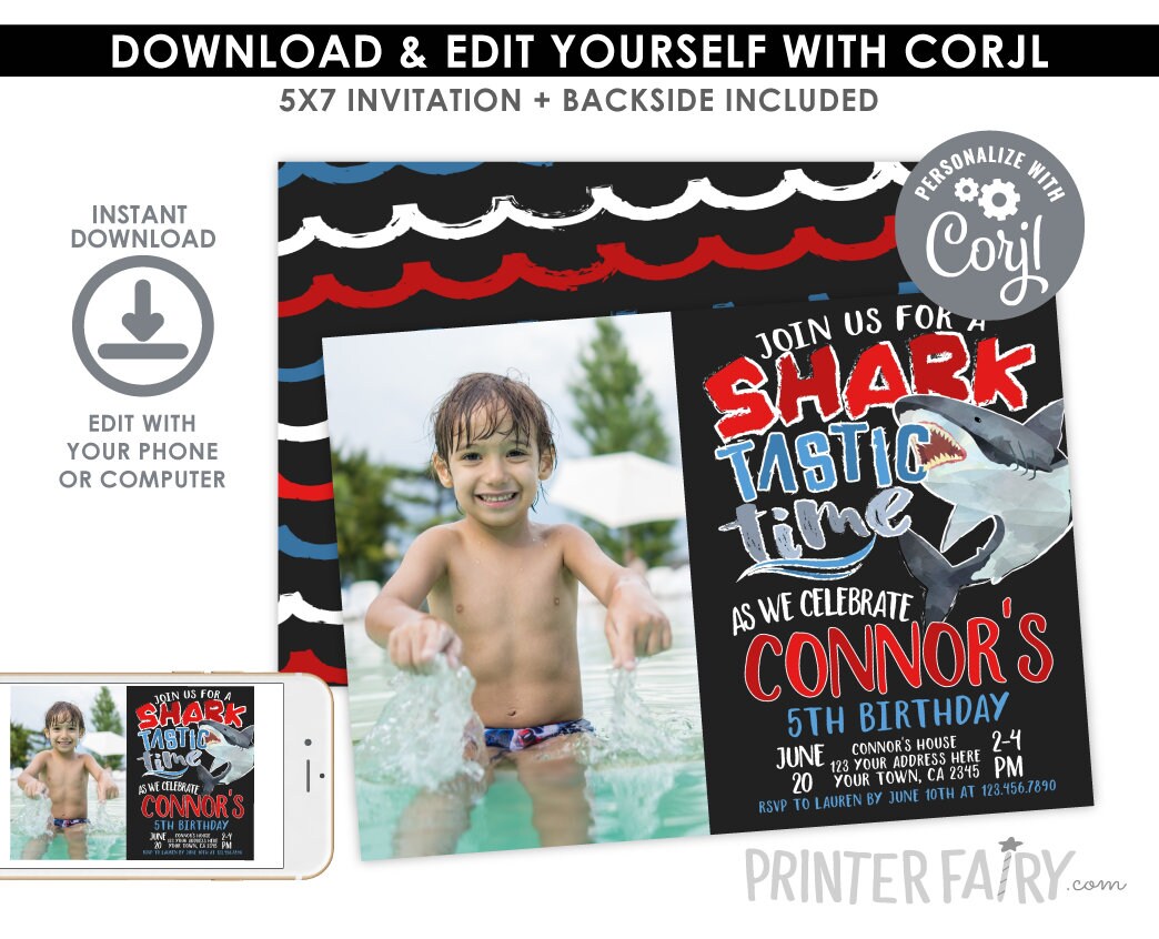 Shark Birthday Invitation with Photo Editable Template (Digital Instant Download)