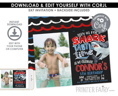 Shark Birthday Invitation with Photo Editable Template (Digital Instant Download)