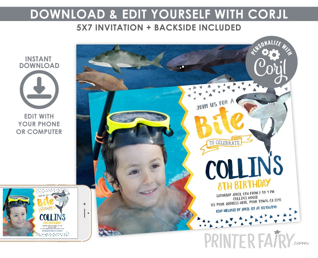 Shark Birthday Invitation with Photo, Editable Digital Invite (Instant Download)