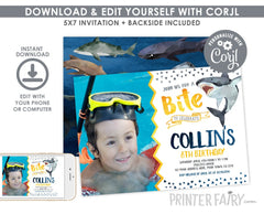 Shark Birthday Invitation with Photo, Editable Digital Invite (Instant Download)