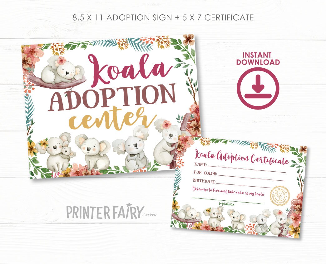 Koala Adoption Birthday Party Sign & Certificate (Digital Download)