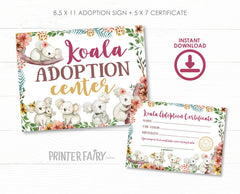 Koala Adoption Birthday Party Sign & Certificate (Digital Download)