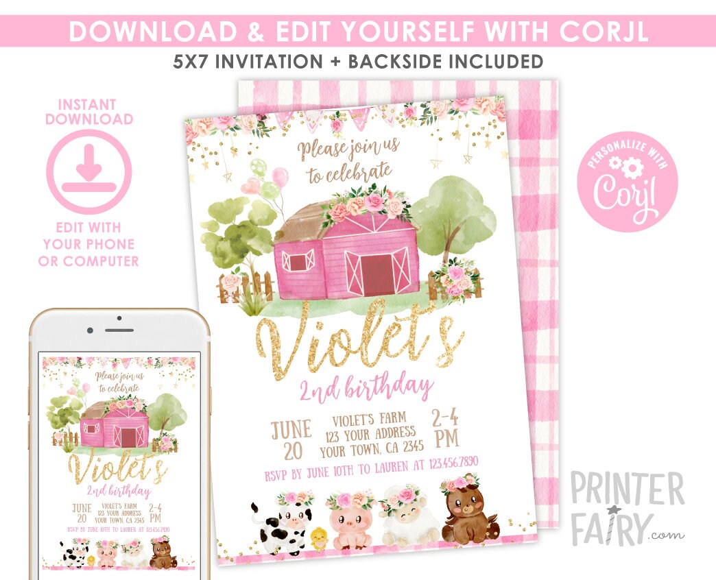 Floral Farm Birthday Invitation, Barnyard Animals (INSTANT DOWNLOAD)