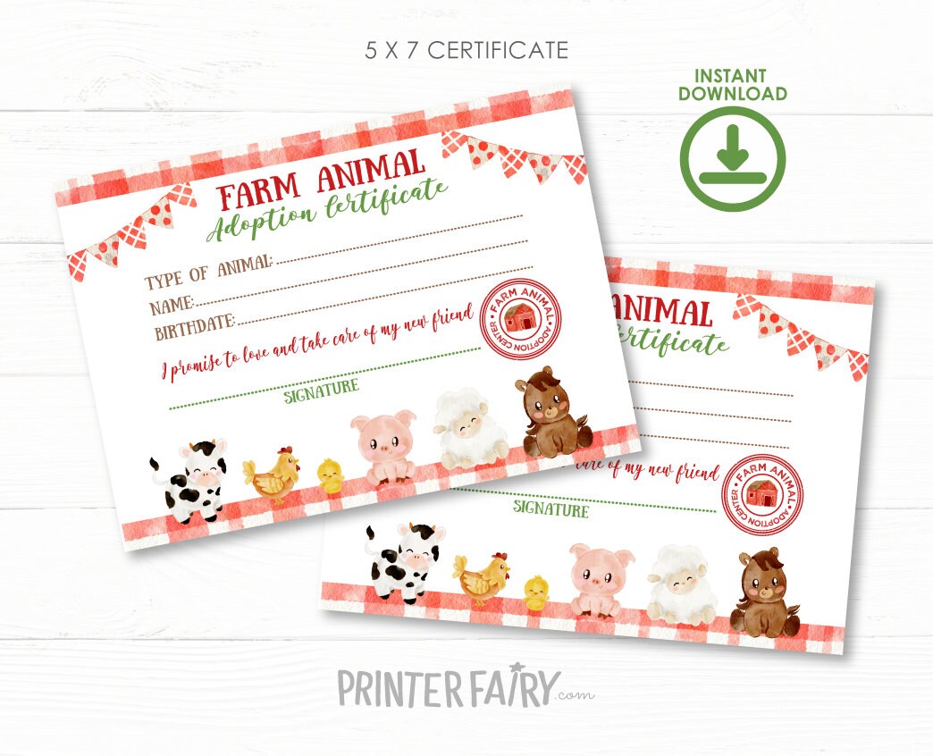 Farm Animal Adoption Sign & Certificate, Barnyard Birthday (Digital Download)
