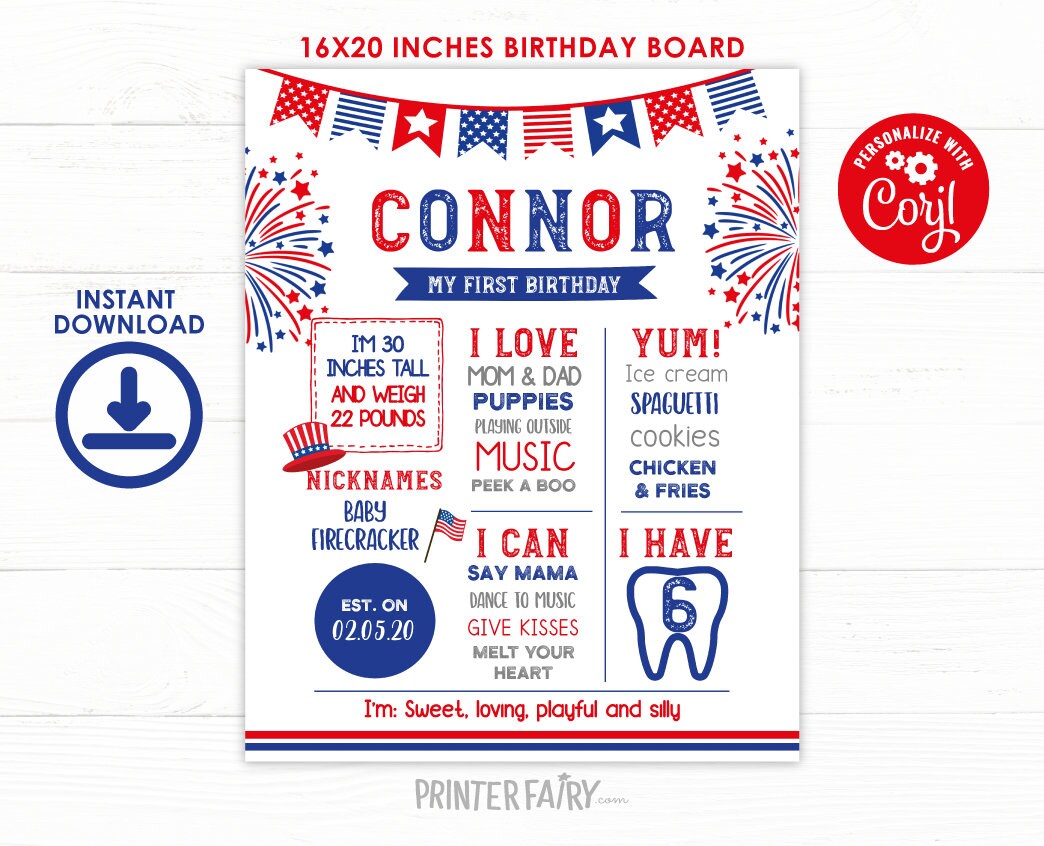 Editable 4th of July Birthday Milestones Board (Instant Download)