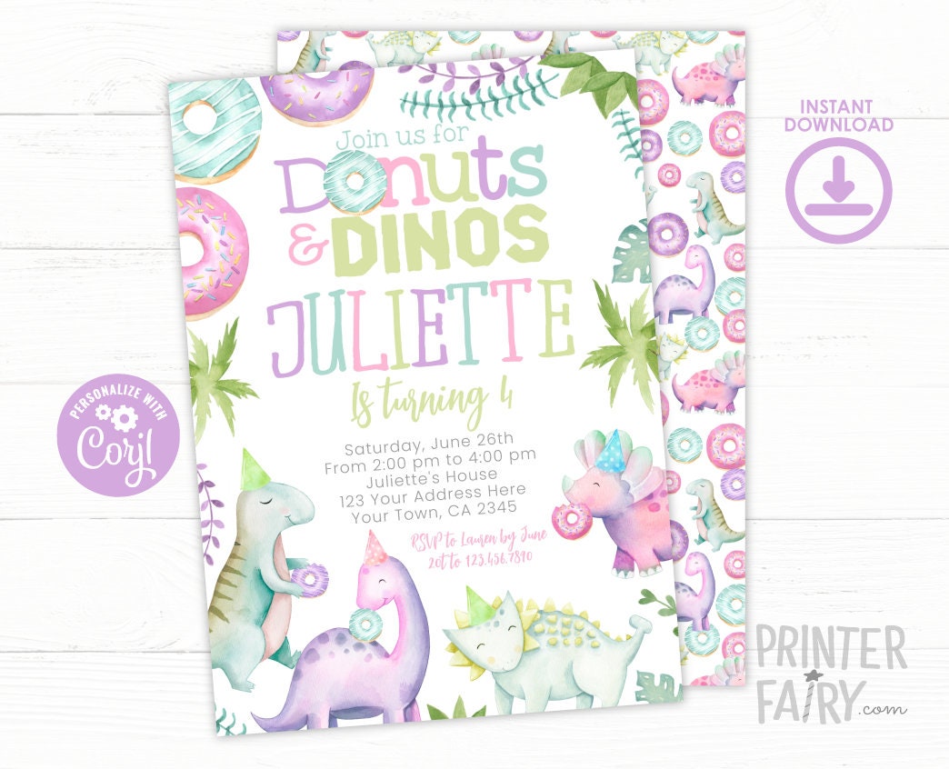 Donuts and Dinos Birthday Invitation, Editable Girl Party (Instant Download)