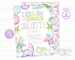 Donuts and Dinos Birthday Invitation, Editable Girl Party (Instant Download)