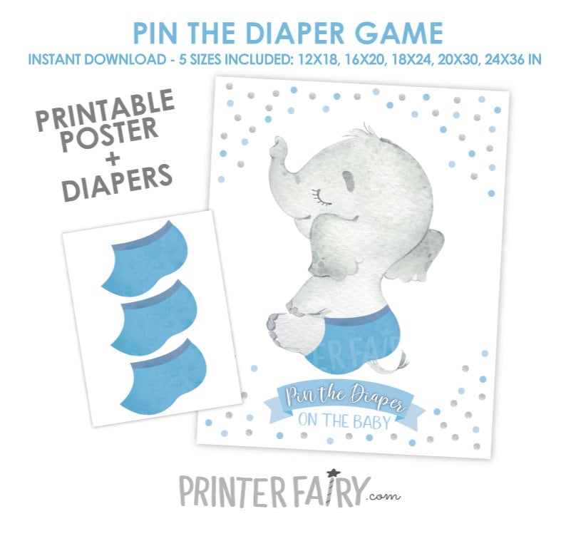 Pin The Diaper Game, 5 sizes included, Elephant Baby Shower Game, Pin the tail, INSTANT DOWNLOAD