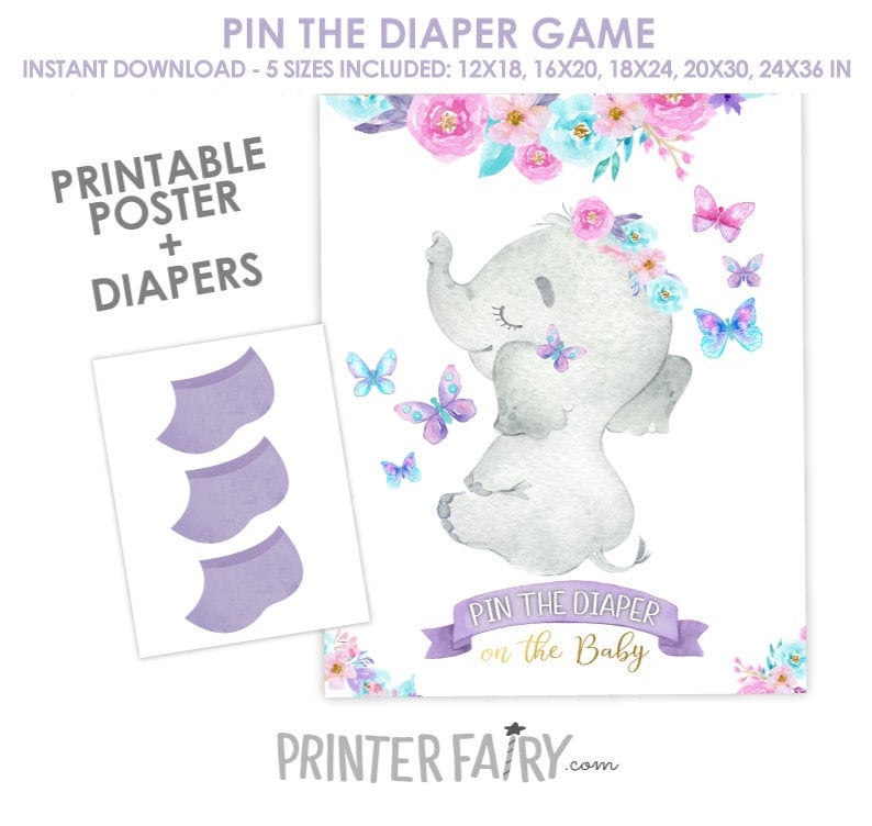 Elephant Baby Shower Pin the Diaper Game, Digital Printable Instant Download