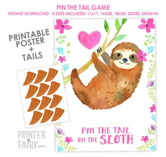Sloth Birthday Party Pin The Tail Game, Digital Printable INSTANT DOWNLOAD