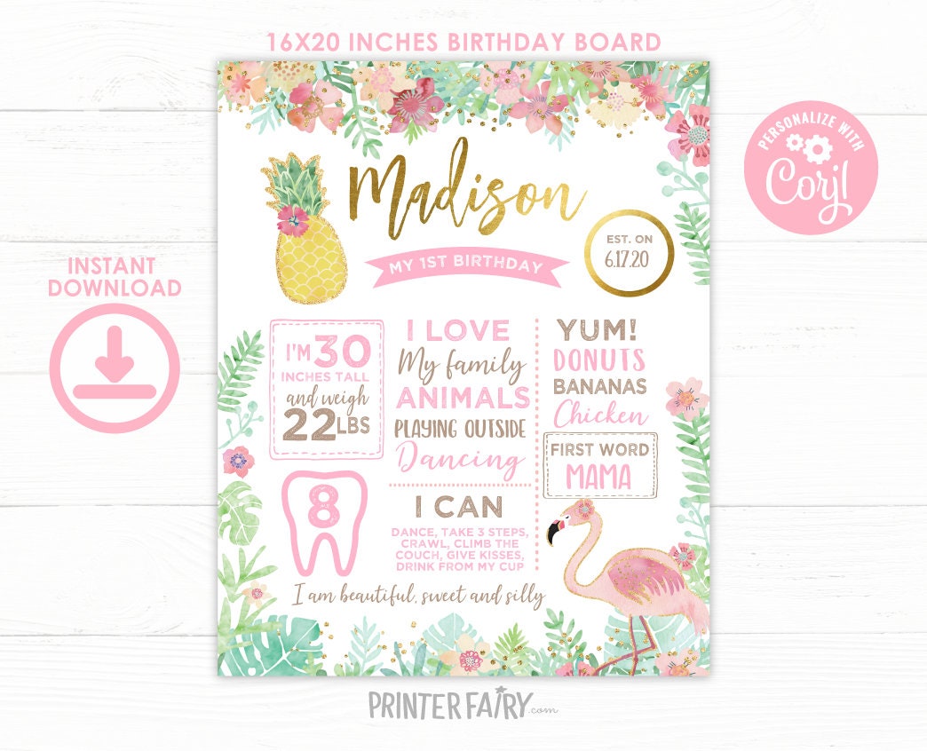 Flamingo 1st Birthday Milestone Board, Editable Tropical Sign (Instant Download)