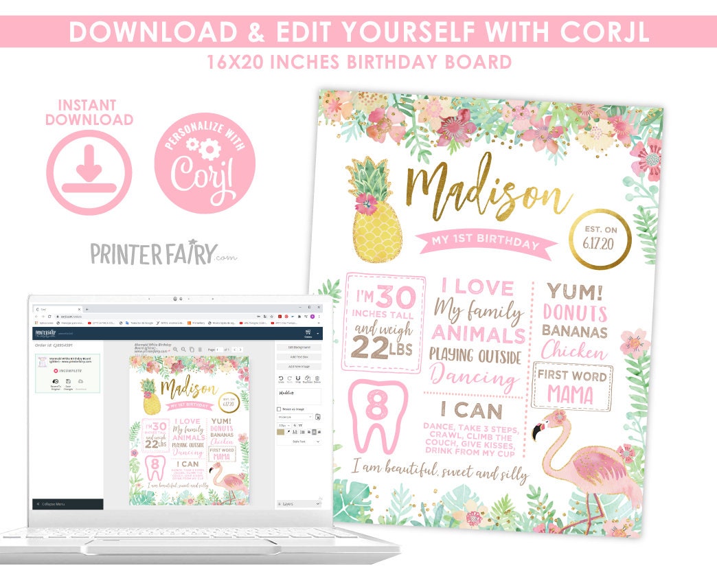 Flamingo 1st Birthday Milestone Board, Editable Tropical Sign (Instant Download)