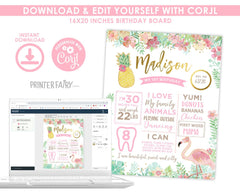 Flamingo 1st Birthday Milestone Board, Editable Tropical Sign (Instant Download)